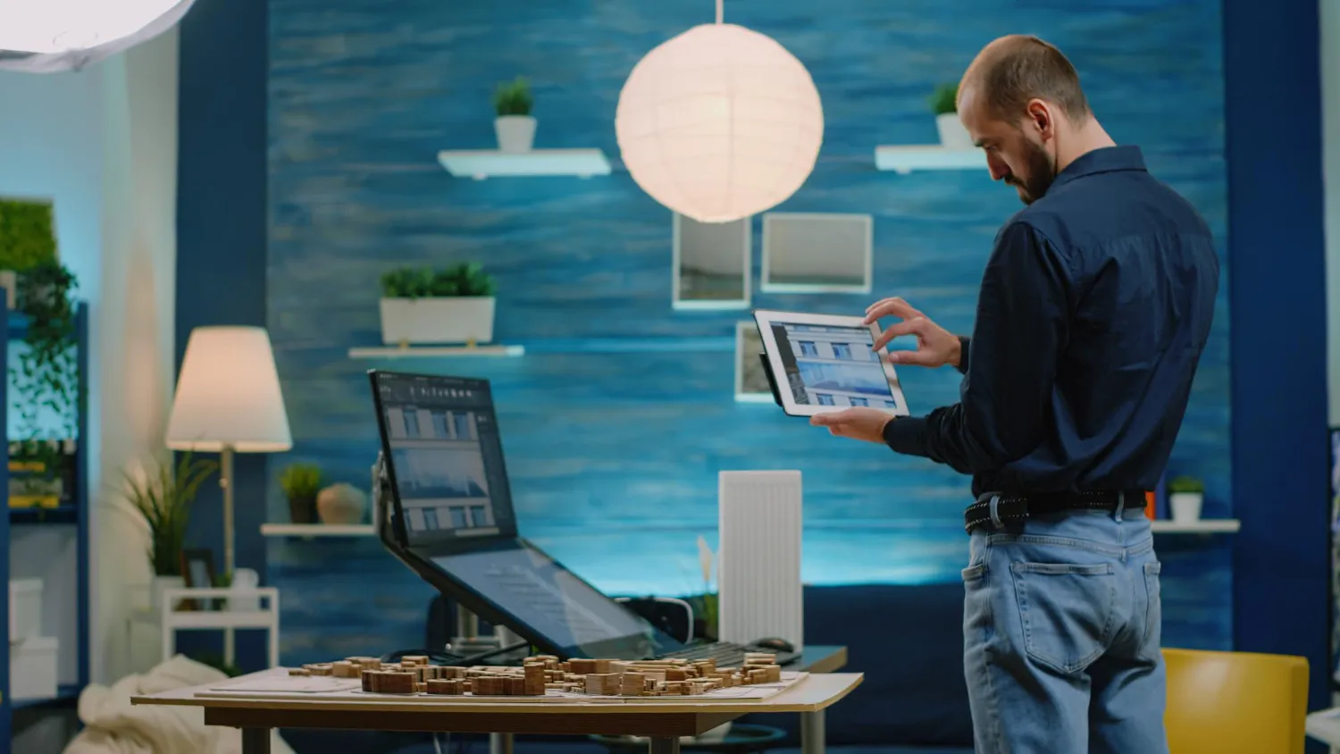 Engineer reviewing manufacturing drawings on a workstation